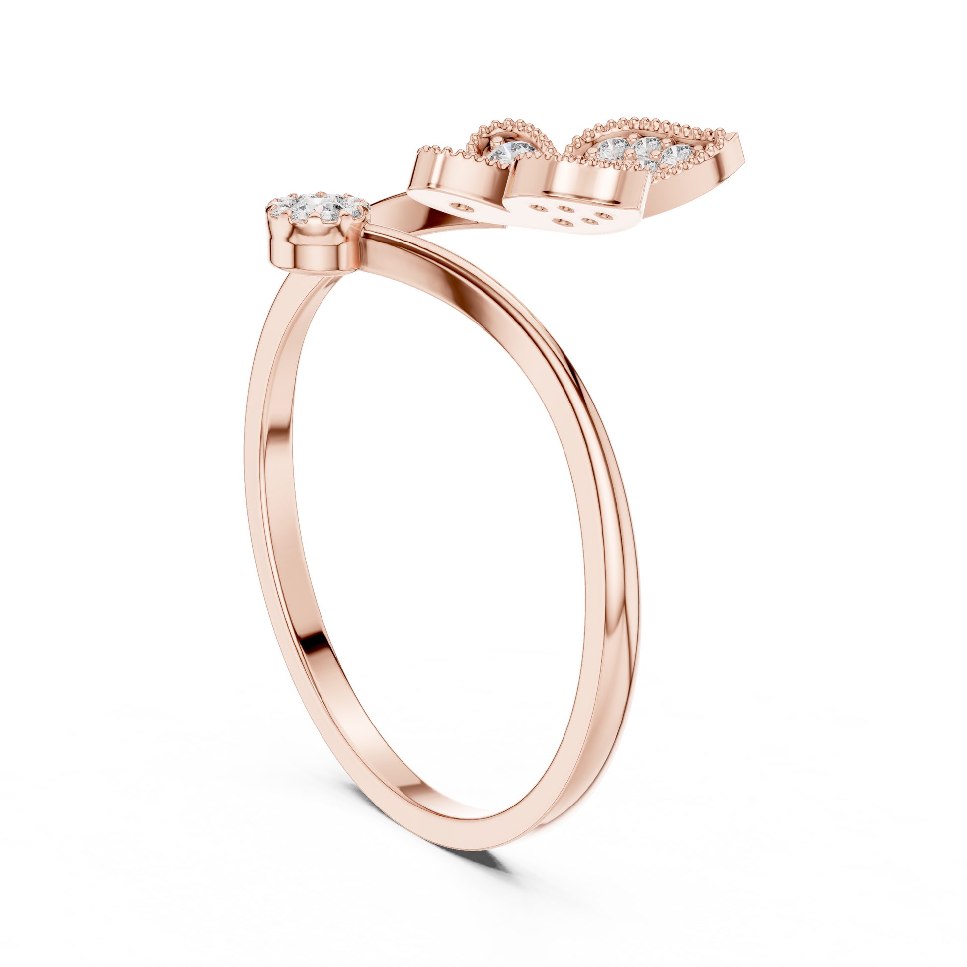 Rose gold ring with unique open design and diamond accents on black background