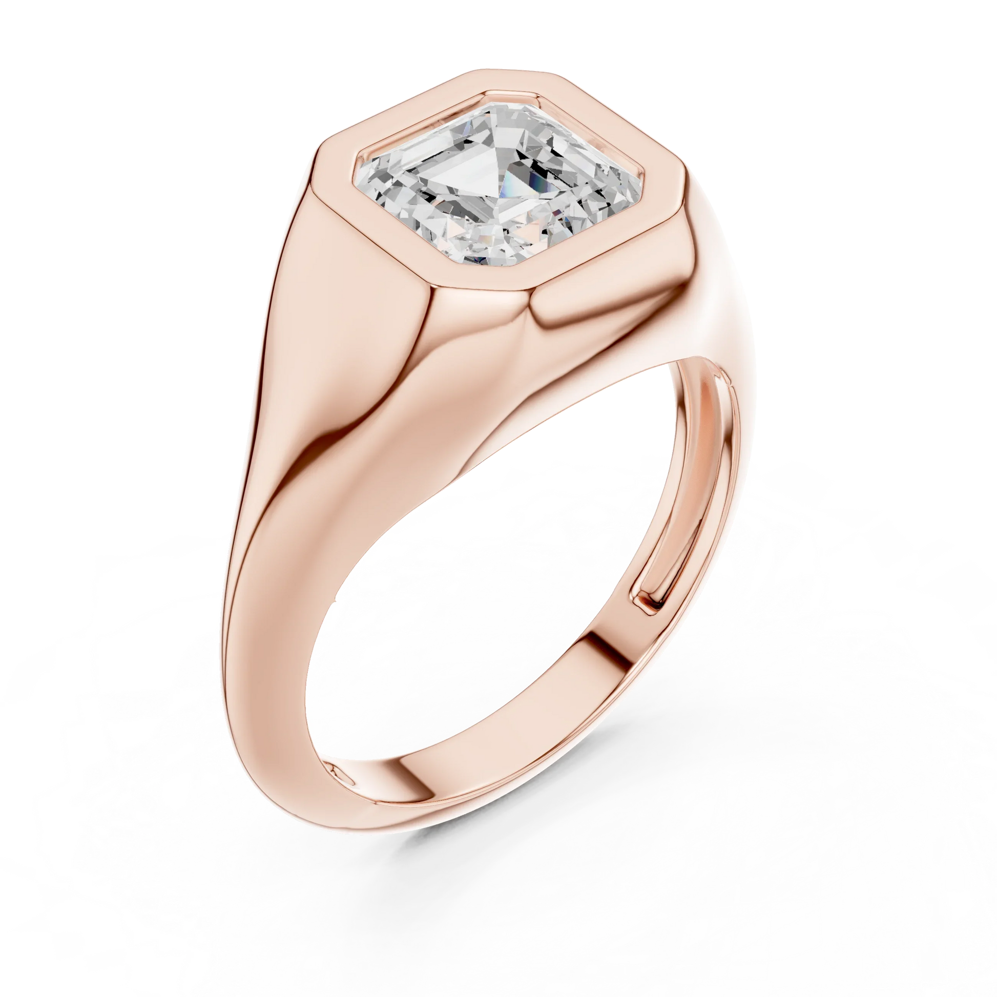 Front view of rose gold asscher bezel set signet style ring with lab-grown diamond – Australia
