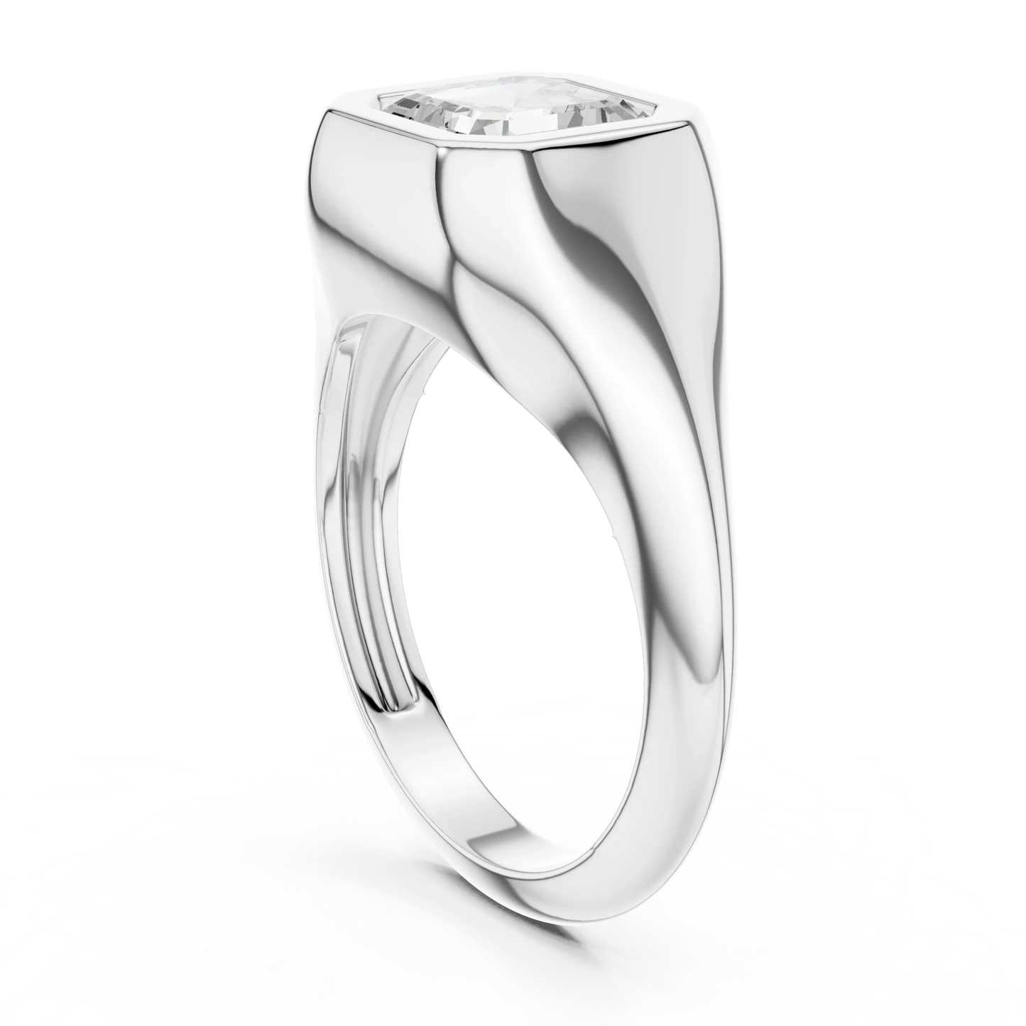 Back side view of white gold asscher bezel set signet style ring with lab-grown diamond – Australia