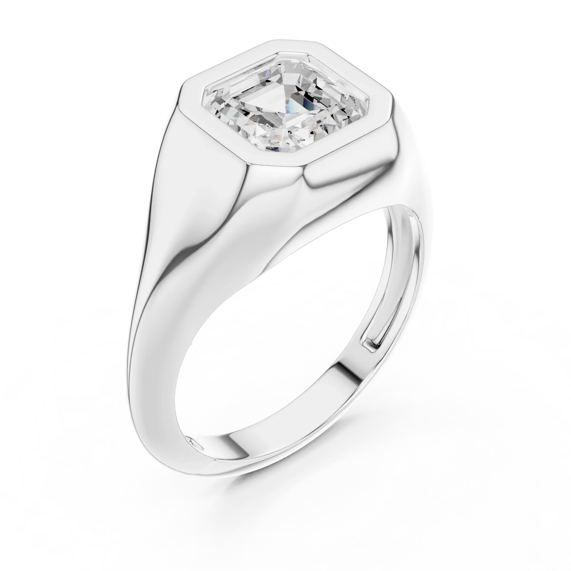 Front view of white gold asscher bezel set signet style ring with lab-grown diamond – Australia