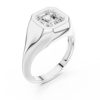 Front view of white gold asscher bezel set signet style ring with lab-grown diamond – Australia