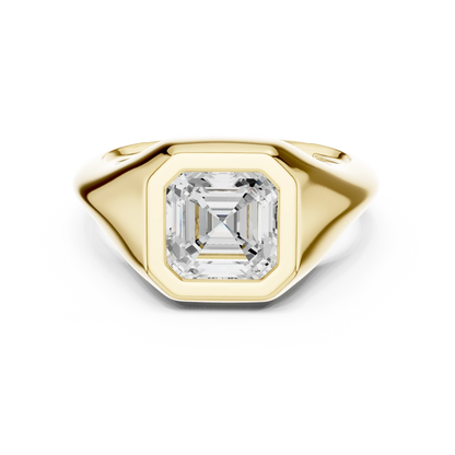 Asscher bezel set signet style ring in yellow gold with lab-grown diamond – Australia