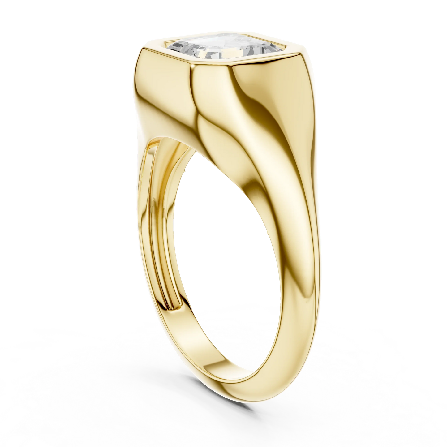 Back side view of yellow gold asscher bezel set signet style ring with lab-grown diamond – Australia