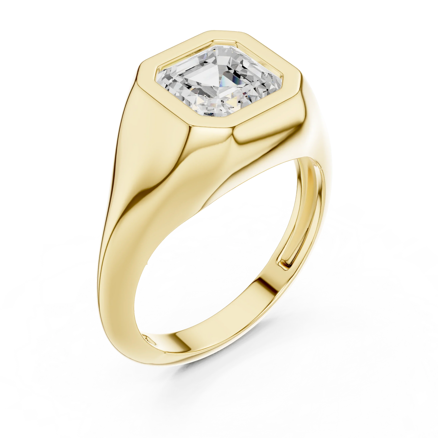 Front view of yellow gold asscher bezel set signet style ring with lab-grown diamond – Australia