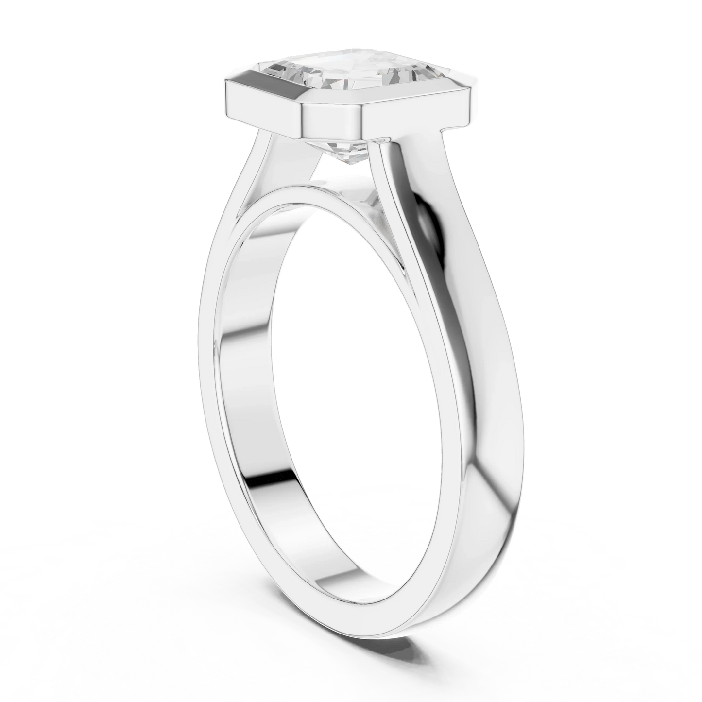 Back side view of white gold asscher bezel solitaire ring with lab-grown diamond – Australia