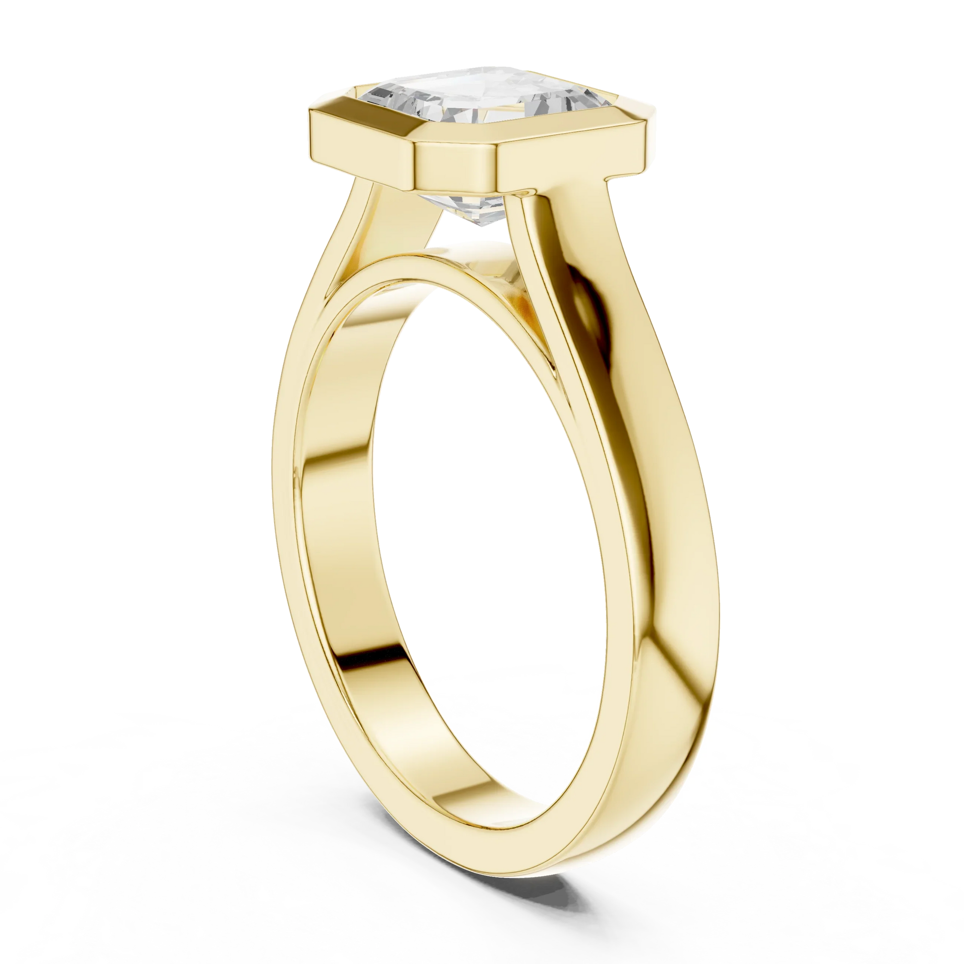 Back side view of yellow gold asscher bezel solitaire ring with lab-grown diamond – Australia