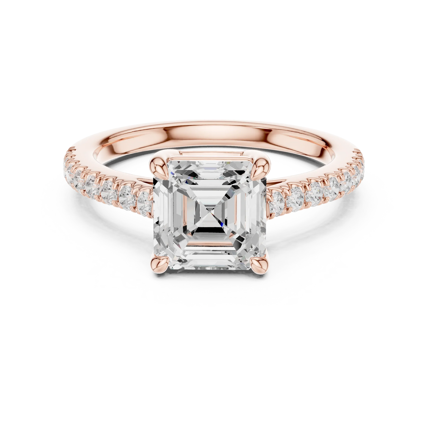 Lab-grown Asscher cut diamond pave band ring in rose gold, soft tone top view