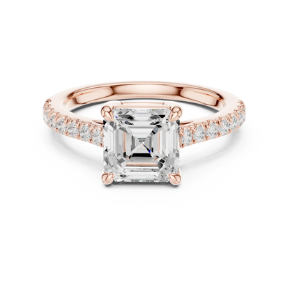 Lab-grown Asscher cut diamond pave band ring in rose gold, soft tone top view
