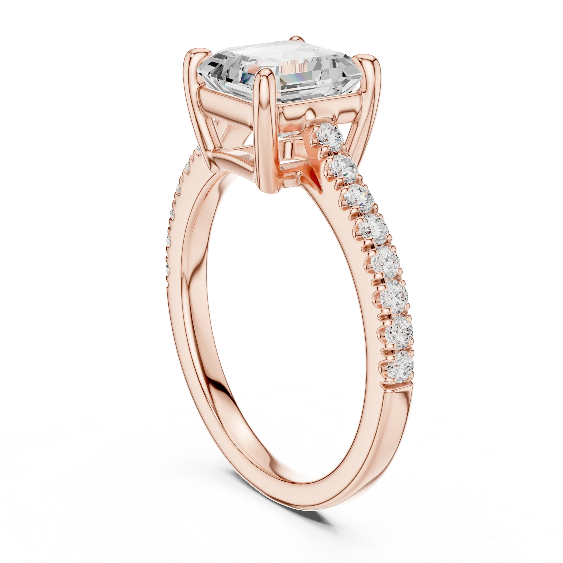 Back side view of rose gold Asscher diamond pave band ring, detailing band and setting