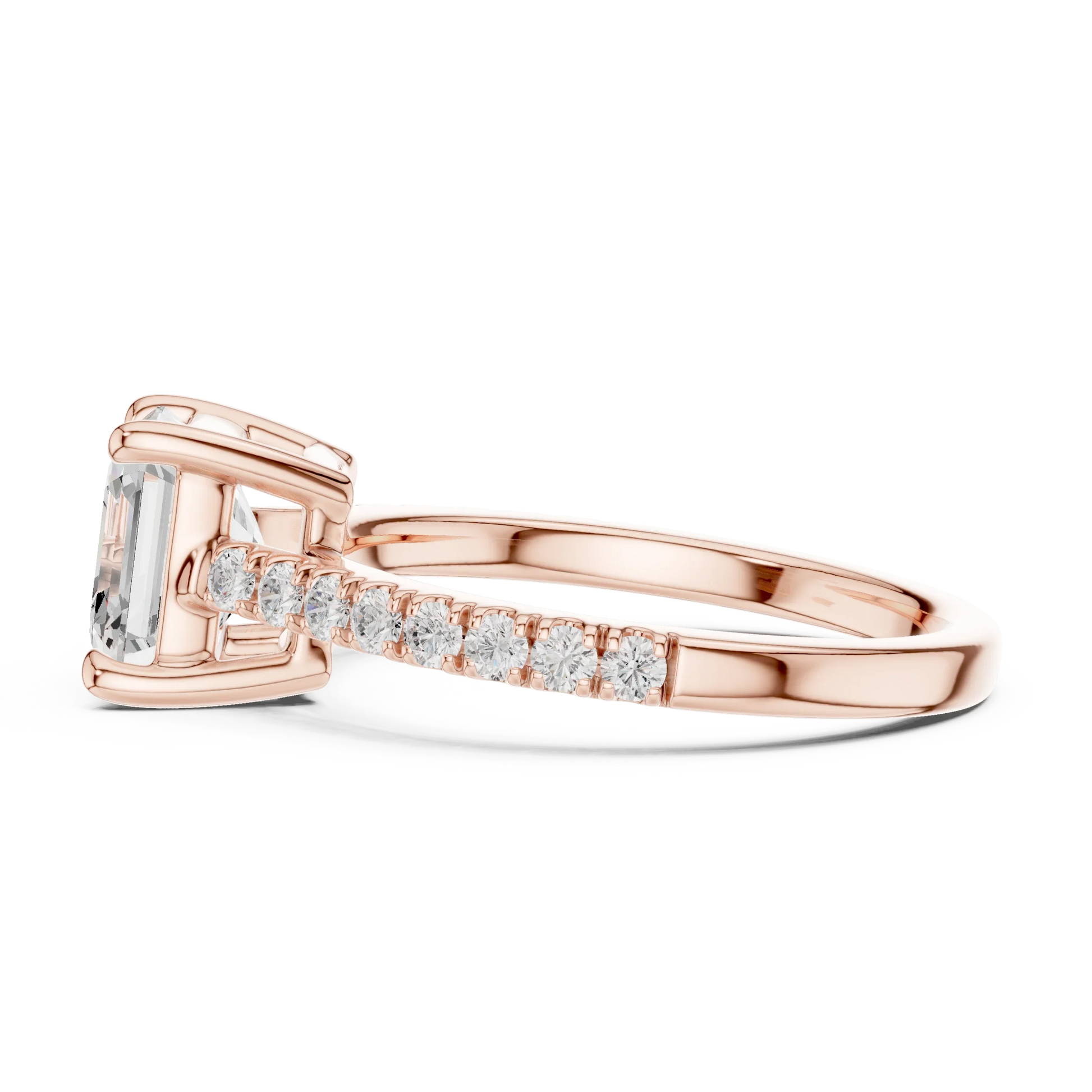 Side view of rose gold Asscher cut diamond ring with pave band, highlighting design profile