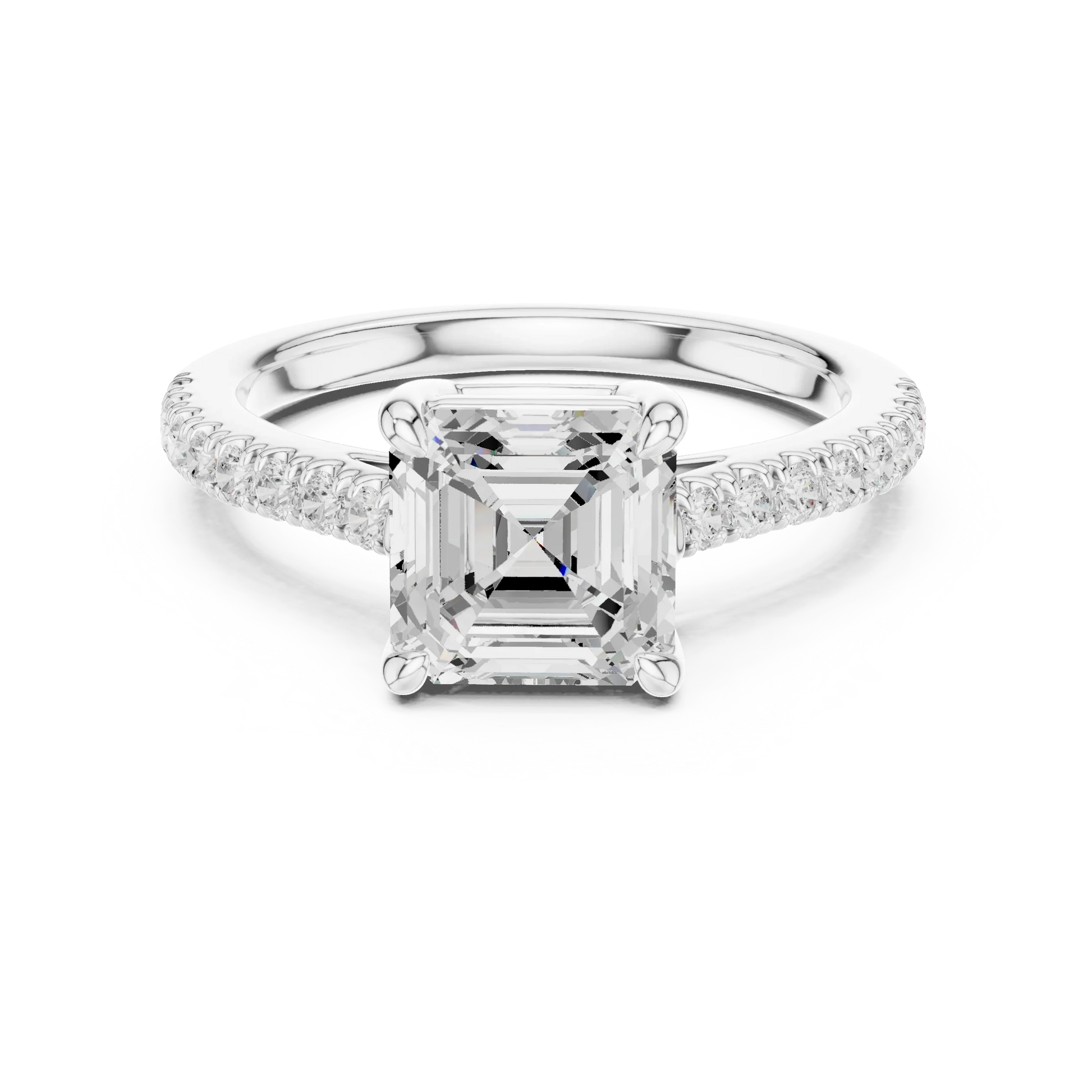 Lab-grown Asscher cut diamond pave band ring in white gold, elegant top view.