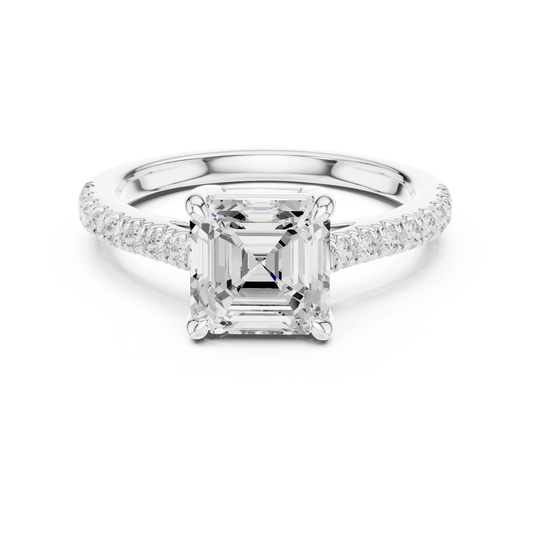 Lab-grown Asscher cut diamond pave band ring in white gold, elegant top view.