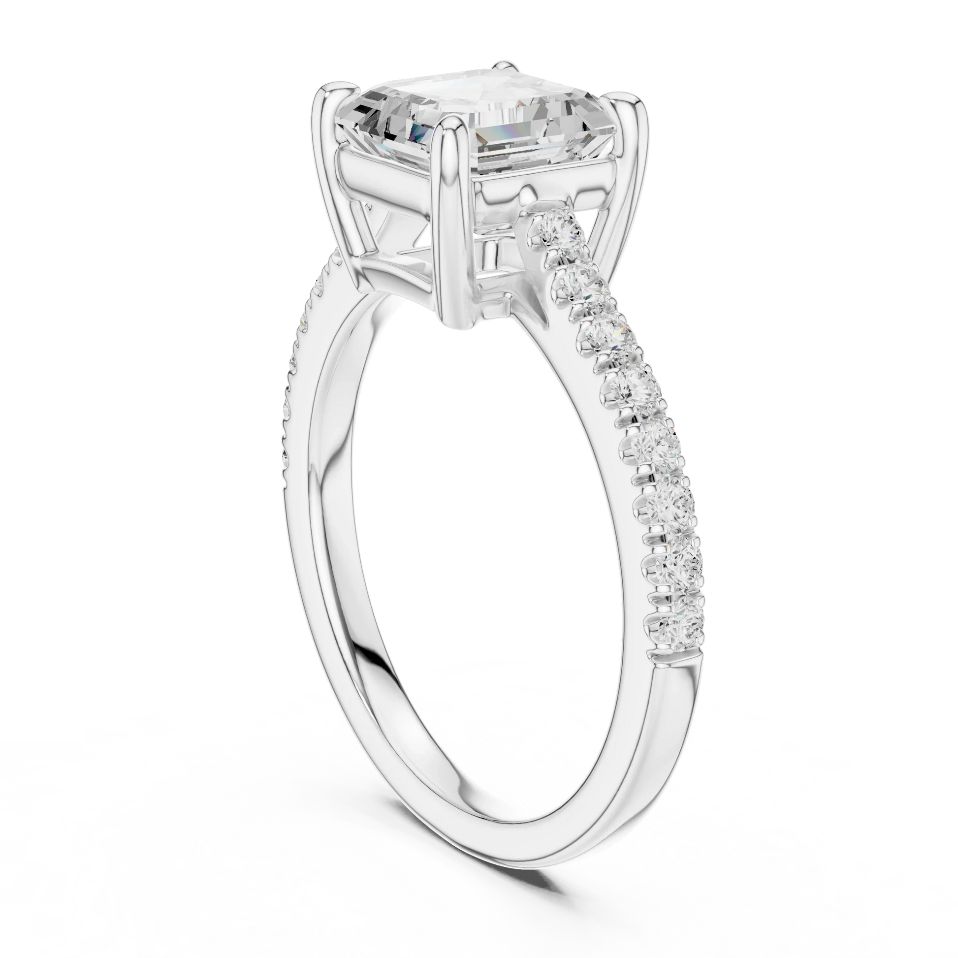 Back side view of white gold Asscher diamond pave band ring, showing band and setting details.