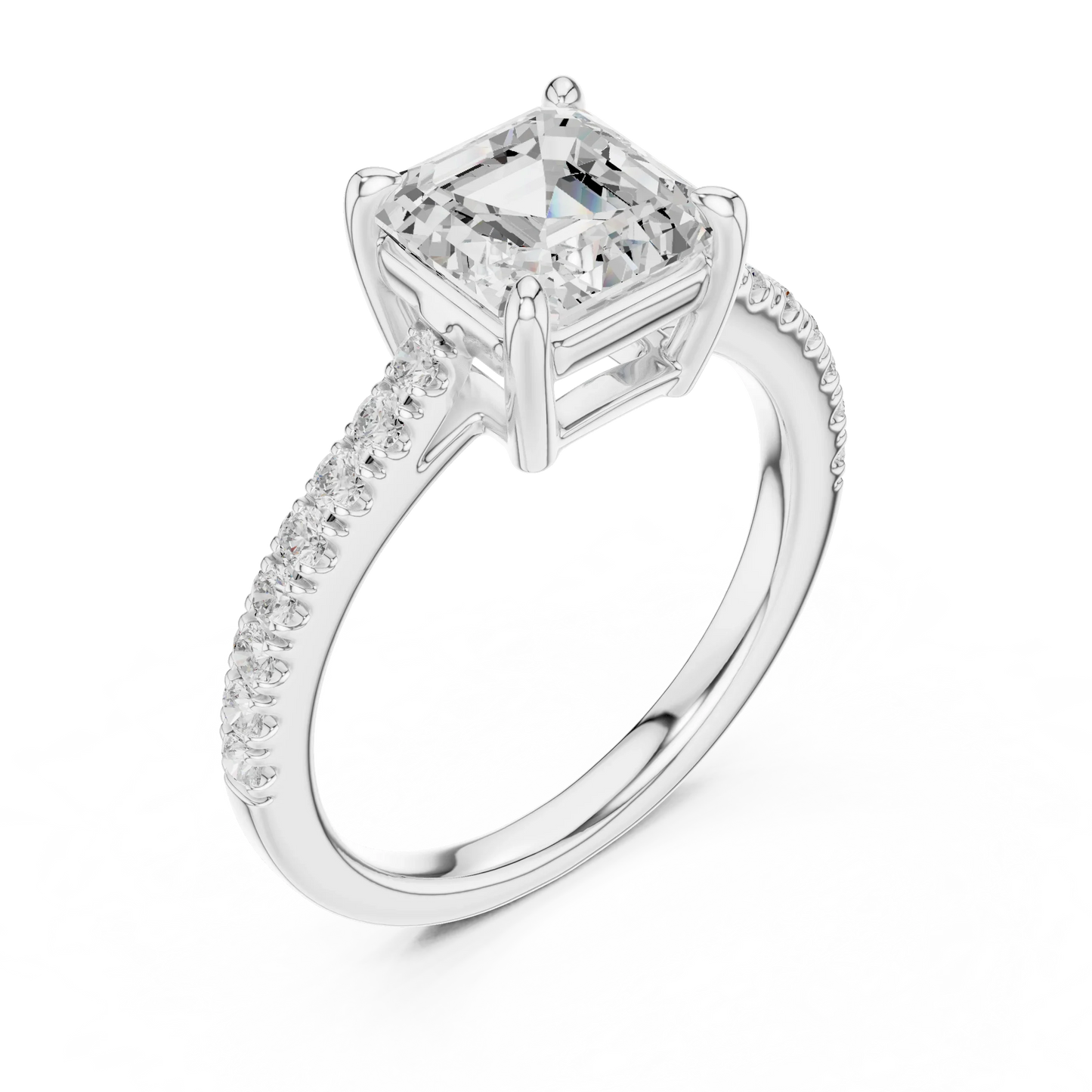 Front view of white gold Asscher cut diamond ring with pave band, showcasing center stone.