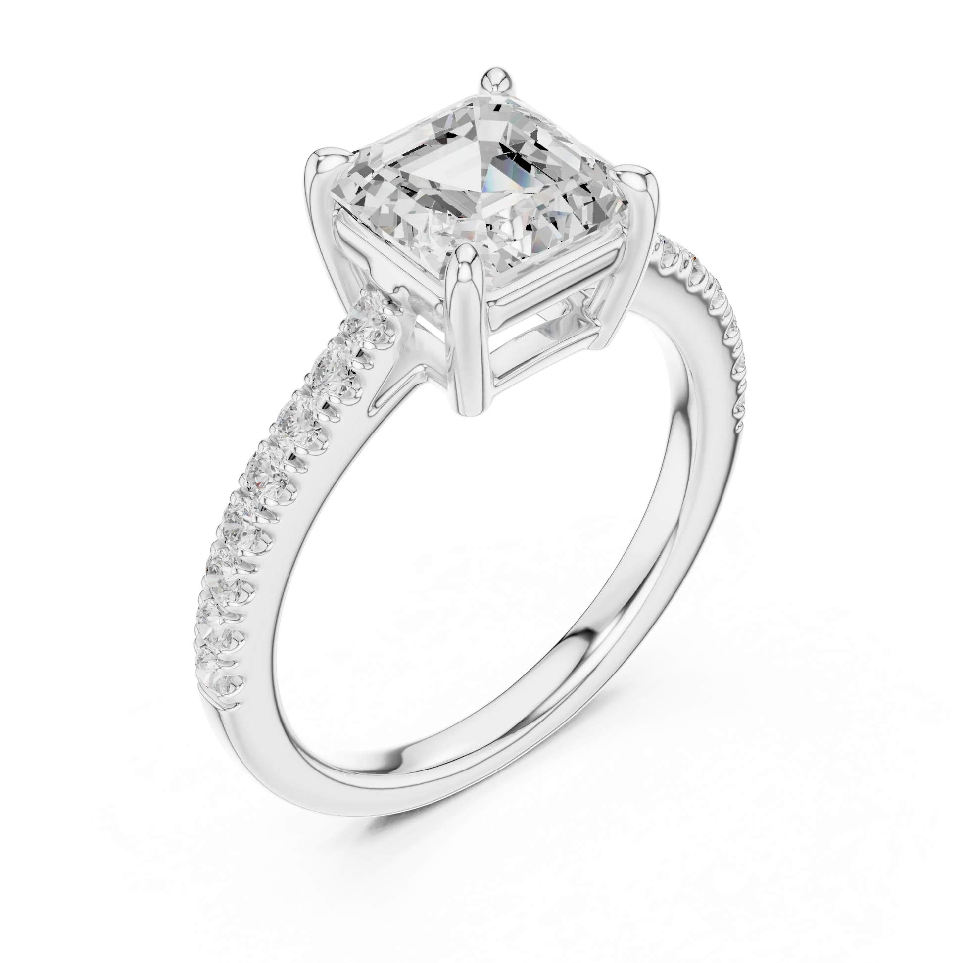 Front view of white gold Asscher cut diamond ring with pave band, showcasing center stone.