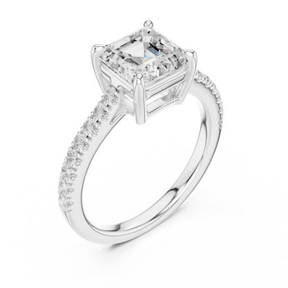 Front view of white gold Asscher cut diamond ring with pave band, showcasing center stone.