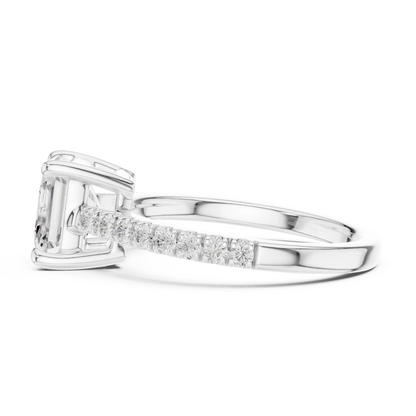 Side view of white gold Asscher cut diamond ring with pave band, highlighting setting profile.