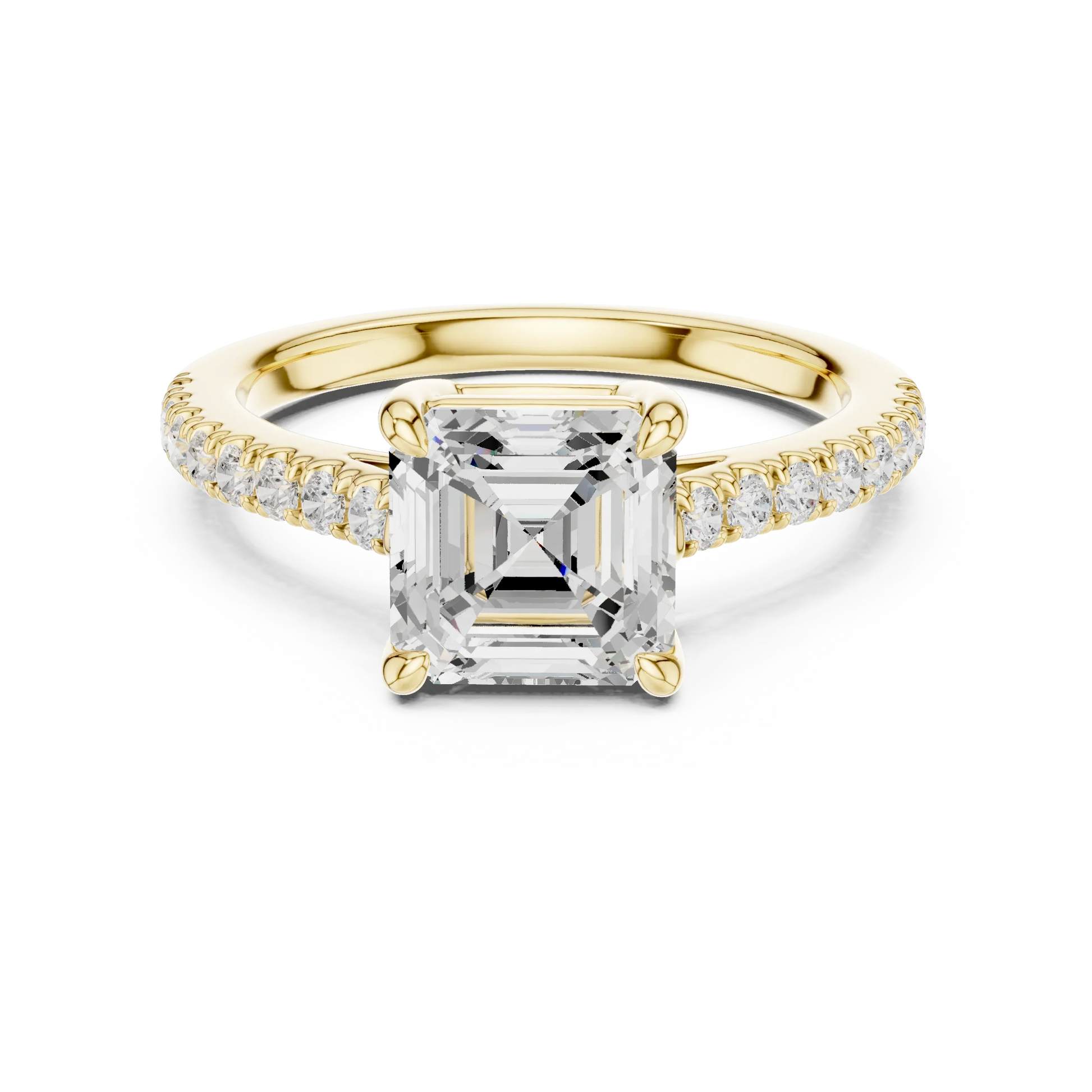 Lab-grown Asscher cut diamond pave band ring in yellow gold, classic top view.