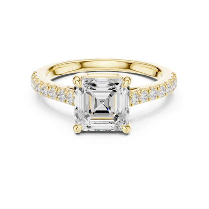Lab-grown Asscher cut diamond pave band ring in yellow gold, classic top view.