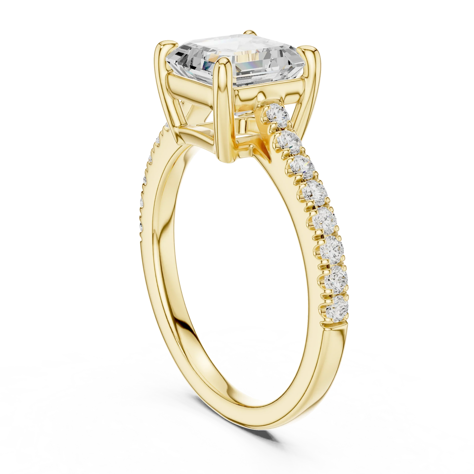 Back side view of yellow gold Asscher diamond pave band ring, showing band structure