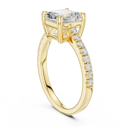 Back side view of yellow gold Asscher diamond pave band ring, showing band structure