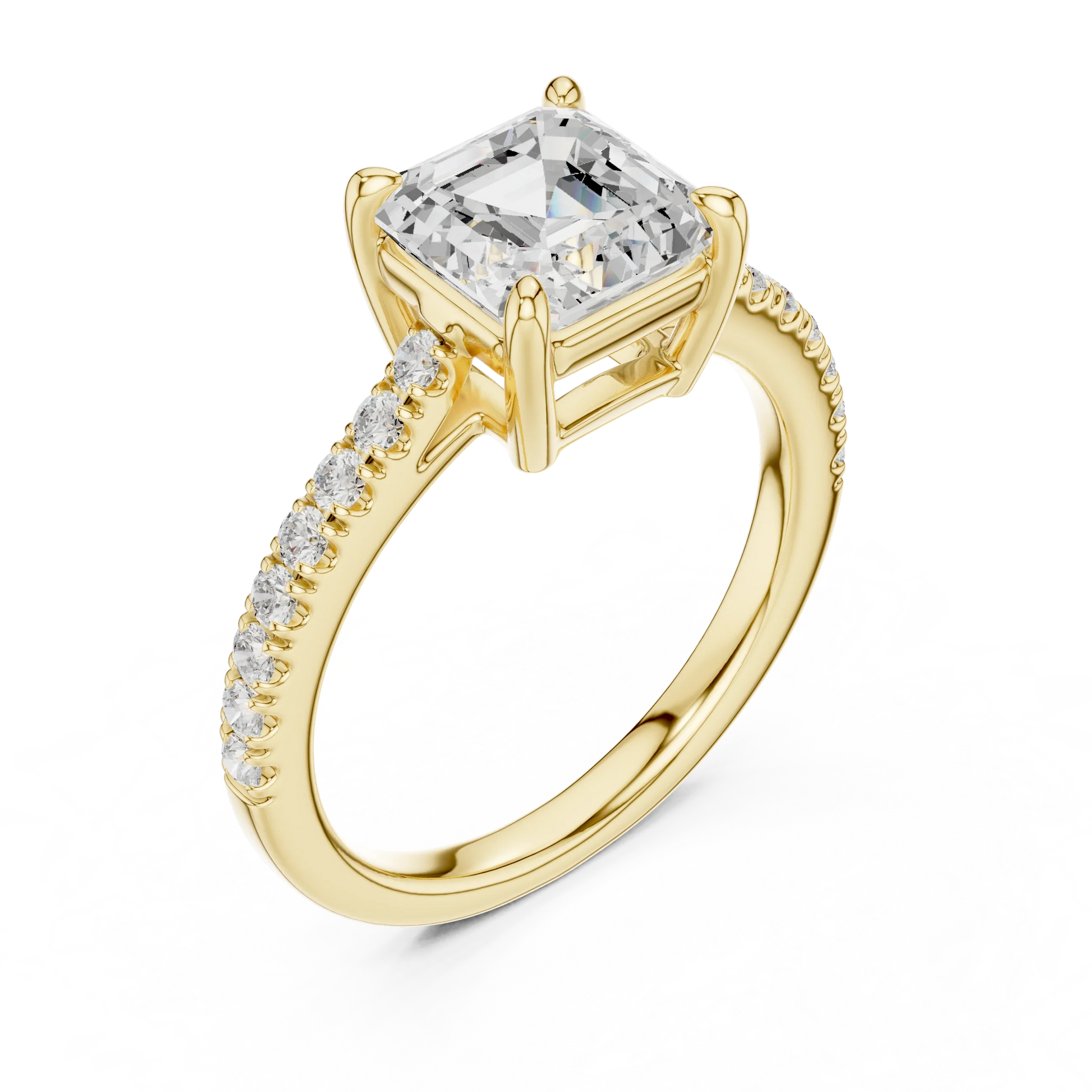 Front view of yellow gold Asscher diamond ring with pave band, emphasizing geometric cut