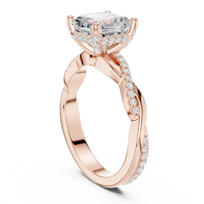 Back view of rose gold Asscher diamond ring with twisted vine pave band and lab-grown diamond – Australia