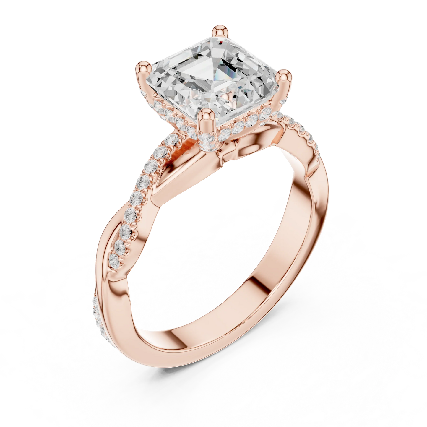 Front view of rose gold Asscher diamond ring with twisted vine pave band and lab-grown diamond – Australia