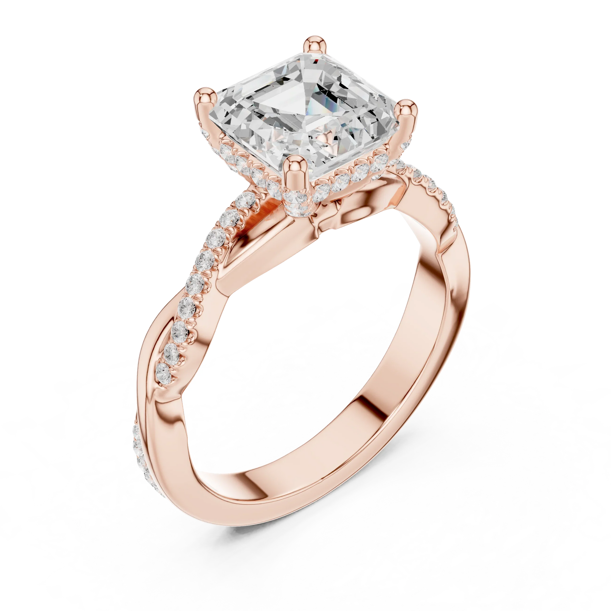 Front view of rose gold Asscher diamond ring with twisted vine pave band and lab-grown diamond – Australia
