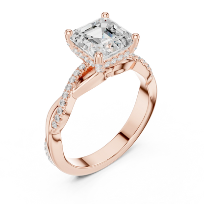 Front view of rose gold Asscher diamond ring with twisted vine pave band and lab-grown diamond – Australia