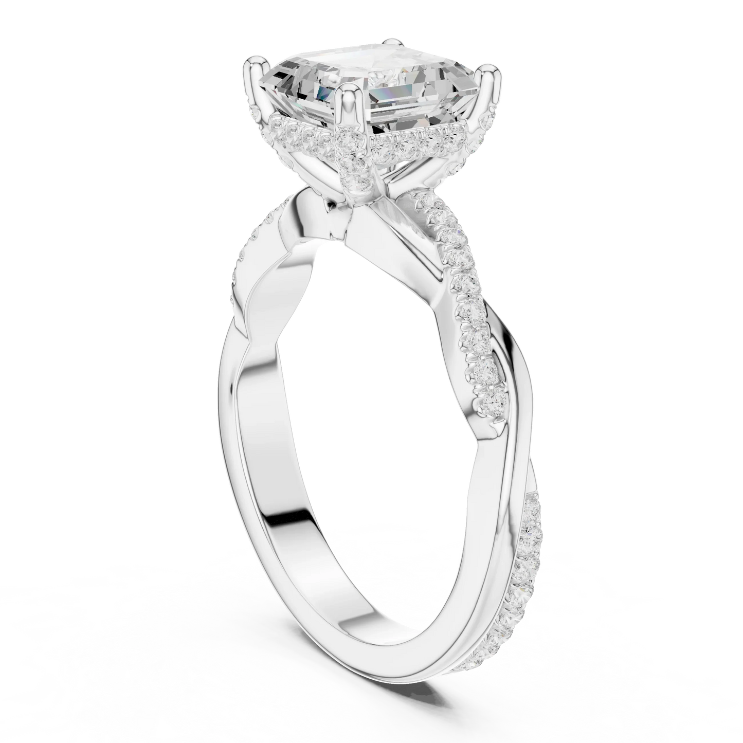Back view of white gold Asscher diamond ring with twisted vine pave band and lab-grown diamond – Australia