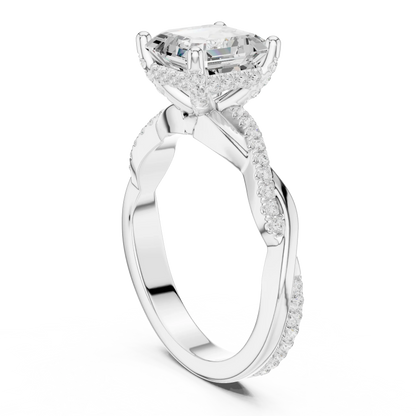 Back view of white gold Asscher diamond ring with twisted vine pave band and lab-grown diamond – Australia
