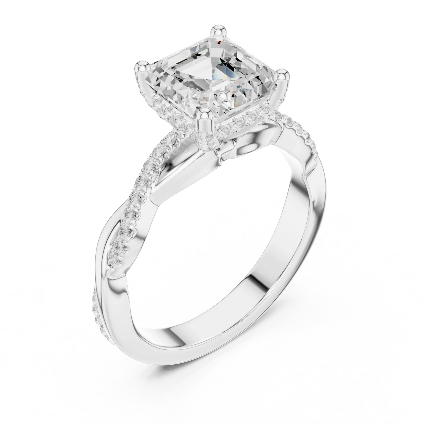 Front view of white gold Asscher diamond ring with twisted vine pave band and lab-grown diamond – Australia