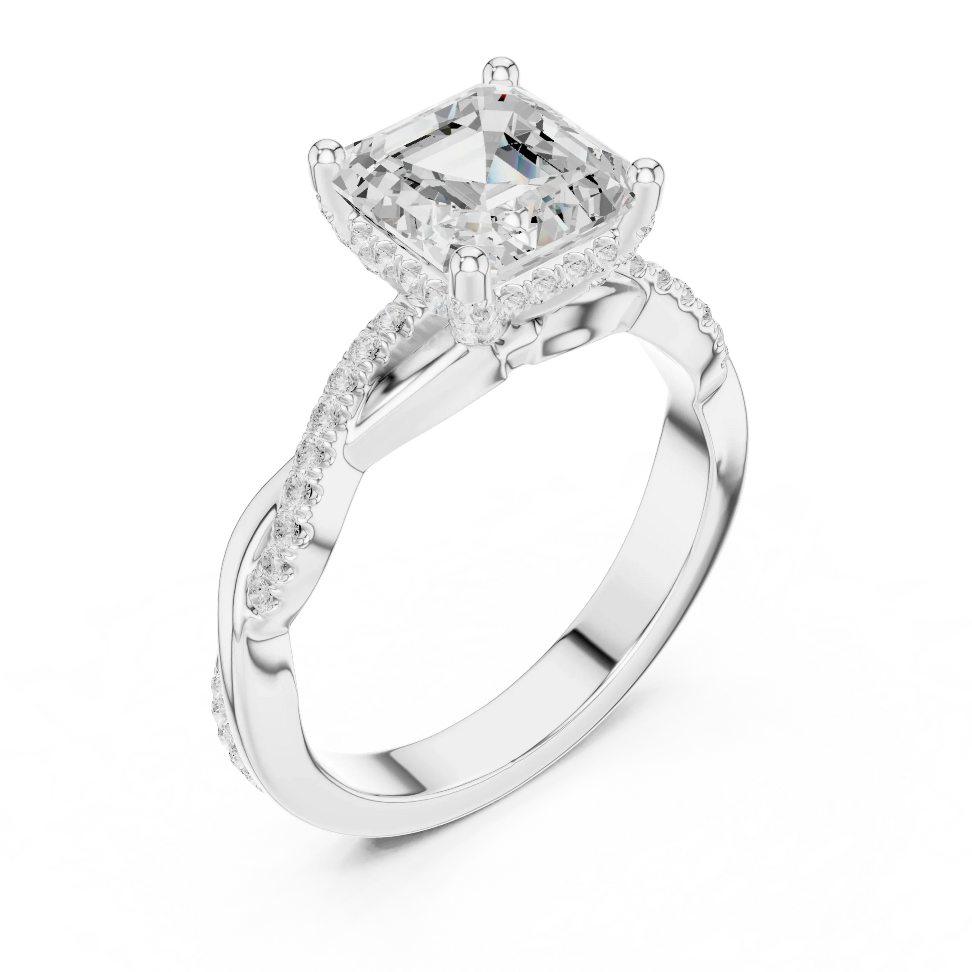 Front view of white gold Asscher diamond ring with twisted vine pave band and lab-grown diamond – Australia