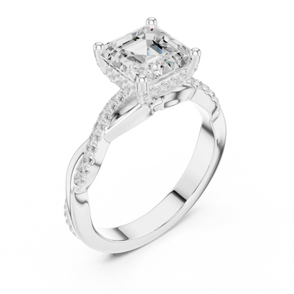 Front view of white gold Asscher diamond ring with twisted vine pave band and lab-grown diamond – Australia
