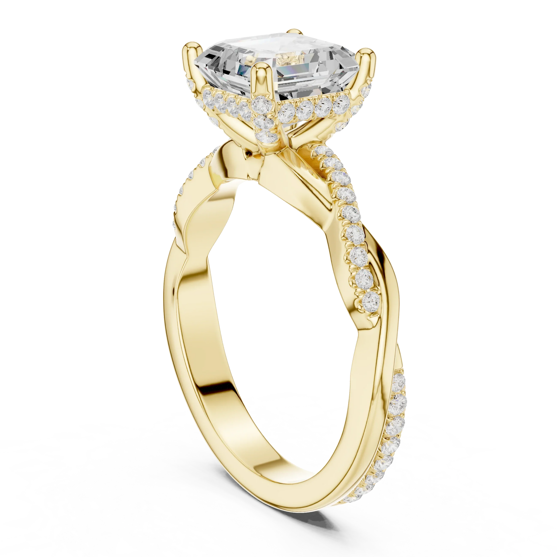 Back view of yellow gold Asscher diamond ring with twisted vine pave band and lab-grown diamond – Australia