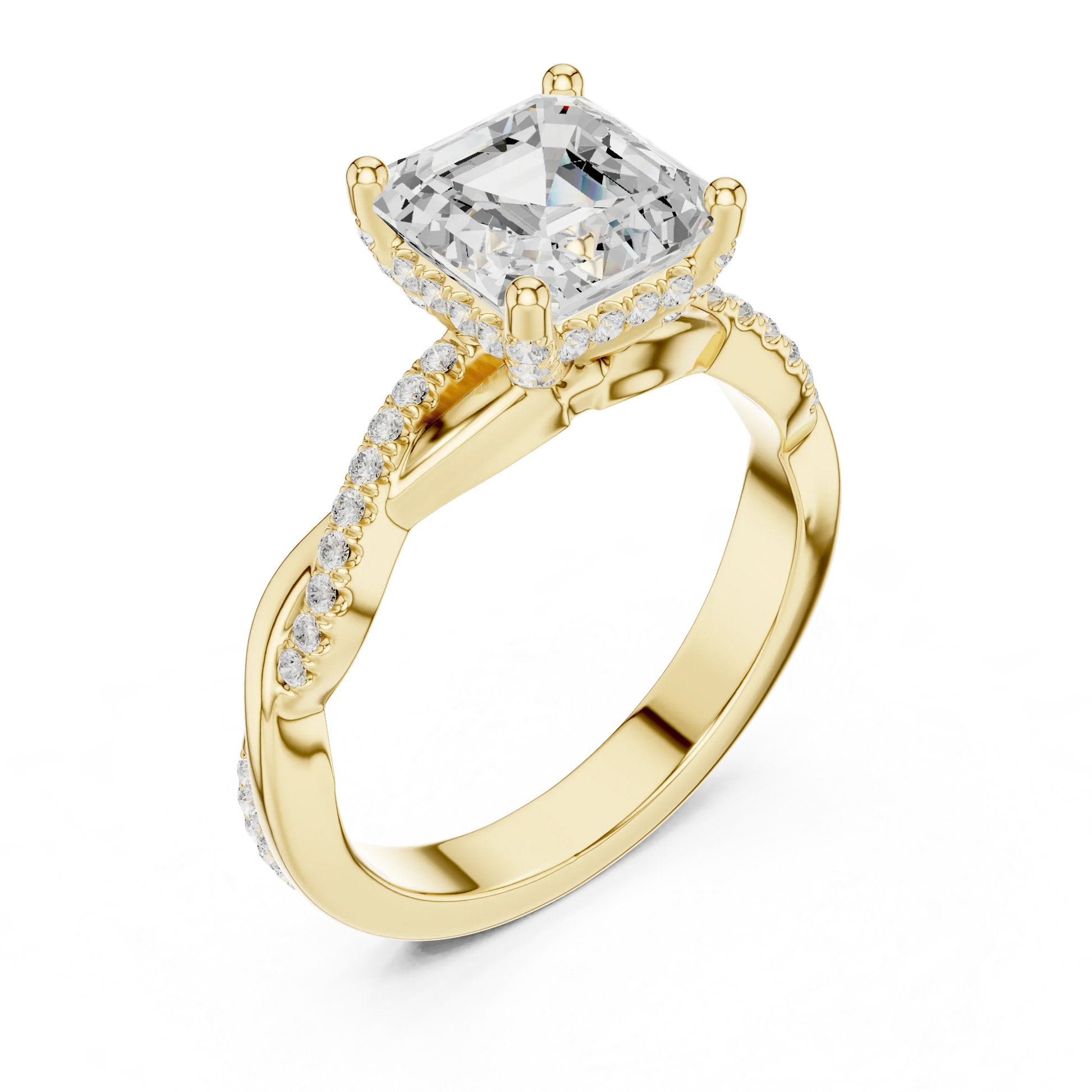 Front view of yellow gold Asscher diamond ring with twisted vine pave band and lab-grown diamond – Australia