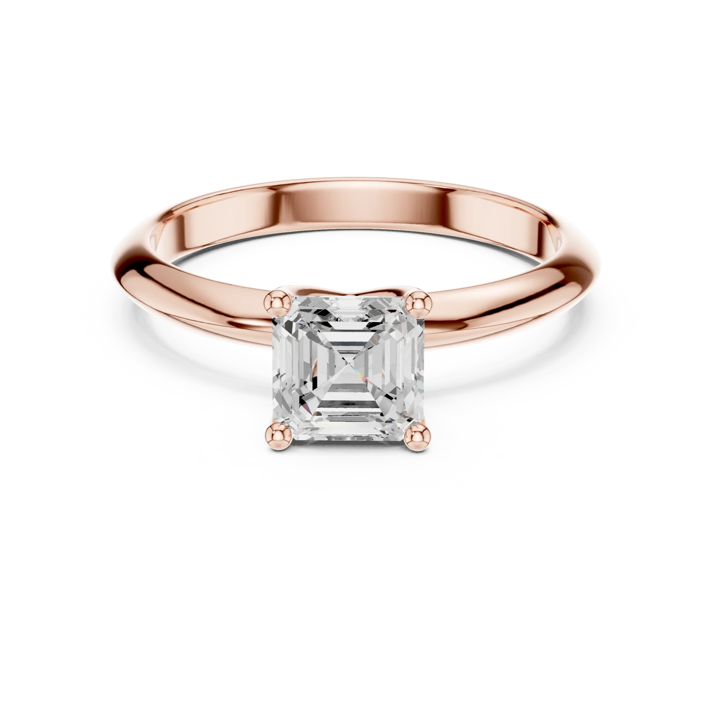 Lab-grown Asscher cut diamond solitaire ring in rose gold, soft tone top view.