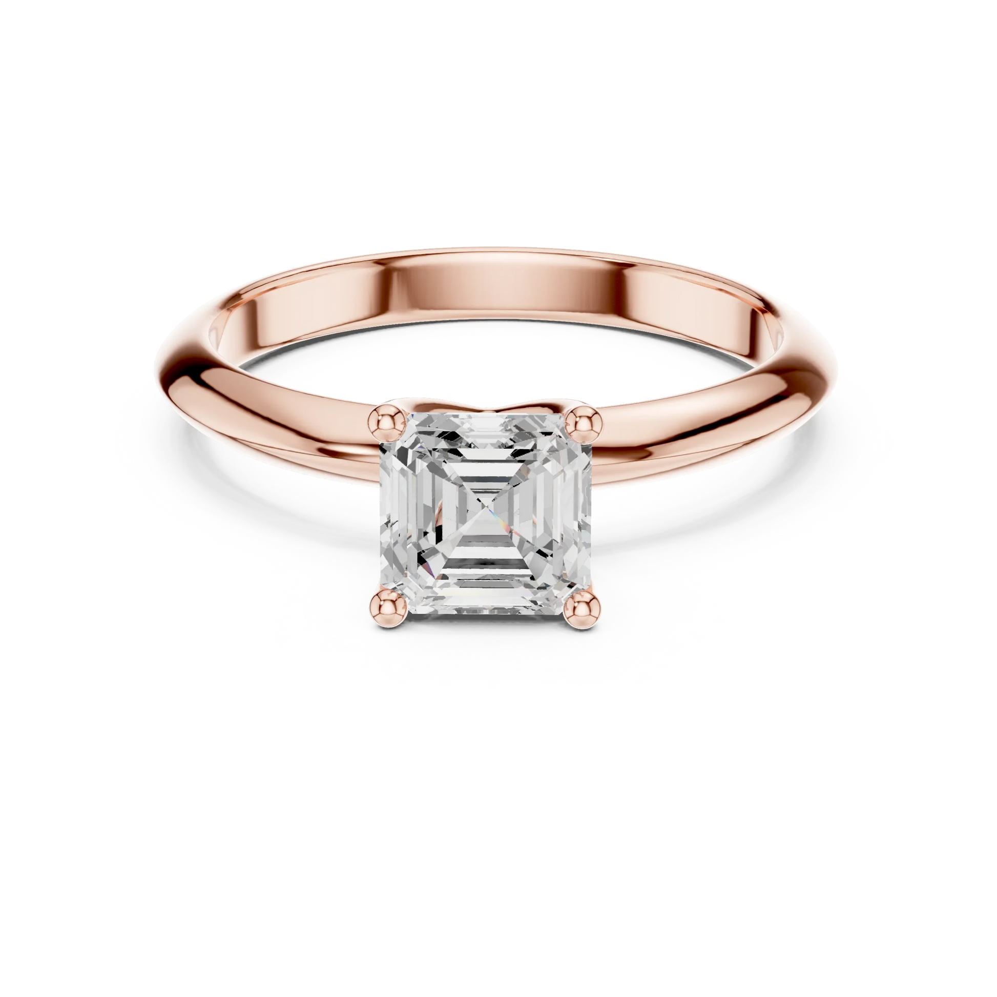 Lab-grown Asscher cut diamond solitaire ring in rose gold, soft tone top view.