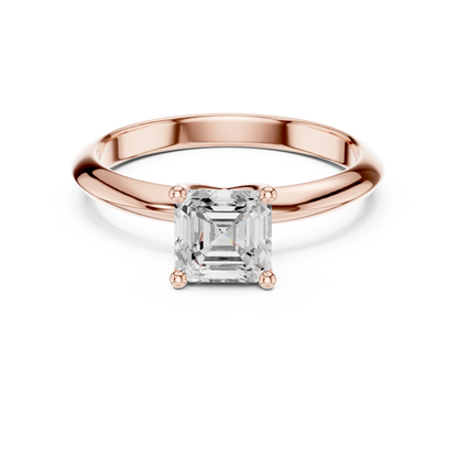 Lab-grown Asscher cut diamond solitaire ring in rose gold, soft tone top view.