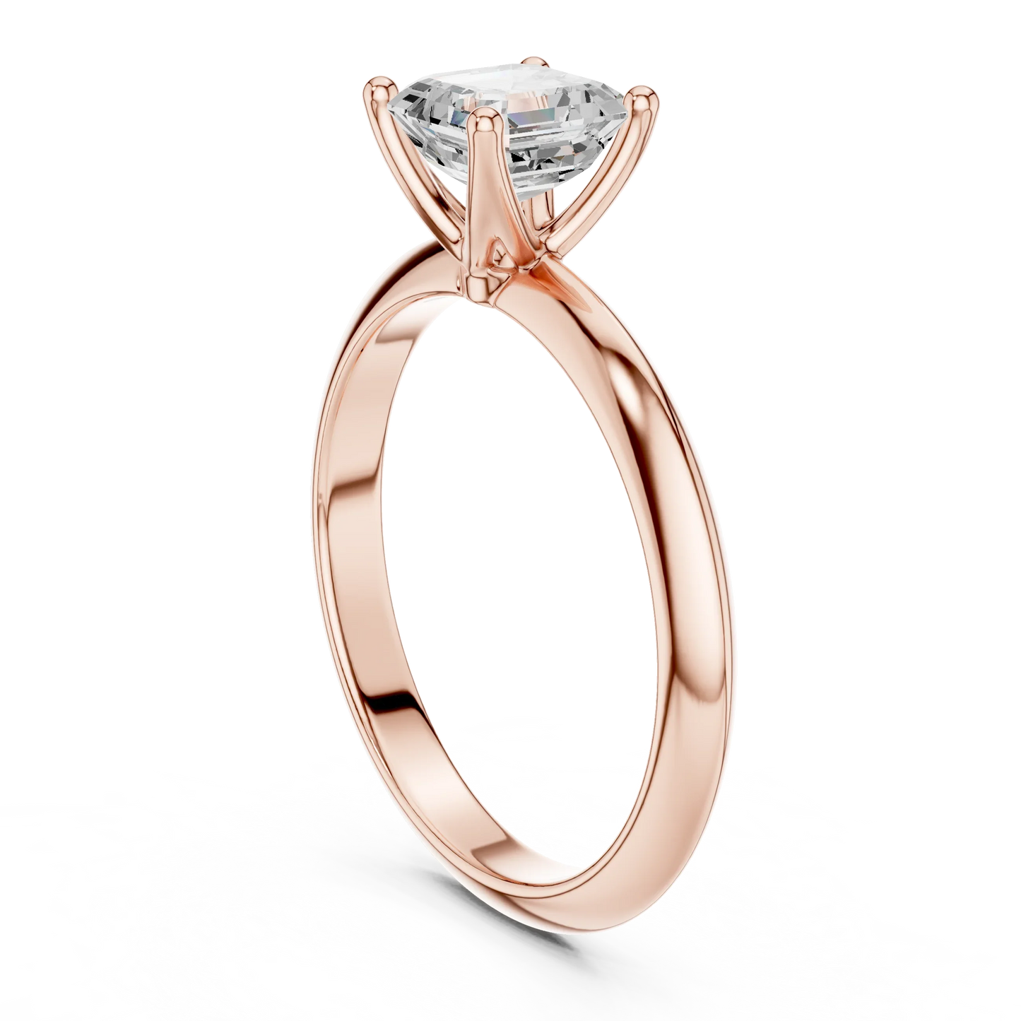 Back side view of rose gold Asscher diamond solitaire ring, detailing band and setting.