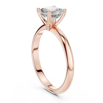 Back side view of rose gold Asscher diamond solitaire ring, detailing band and setting.