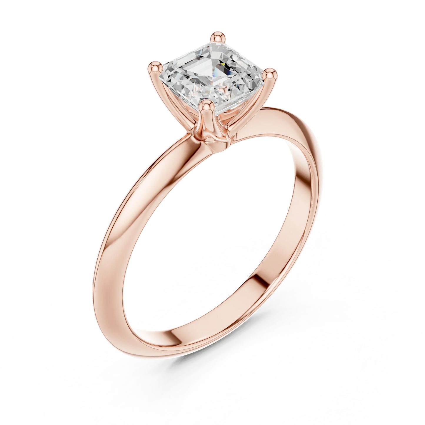 Front view of rose gold Asscher cut diamond solitaire ring, showcasing gemstone brilliance.