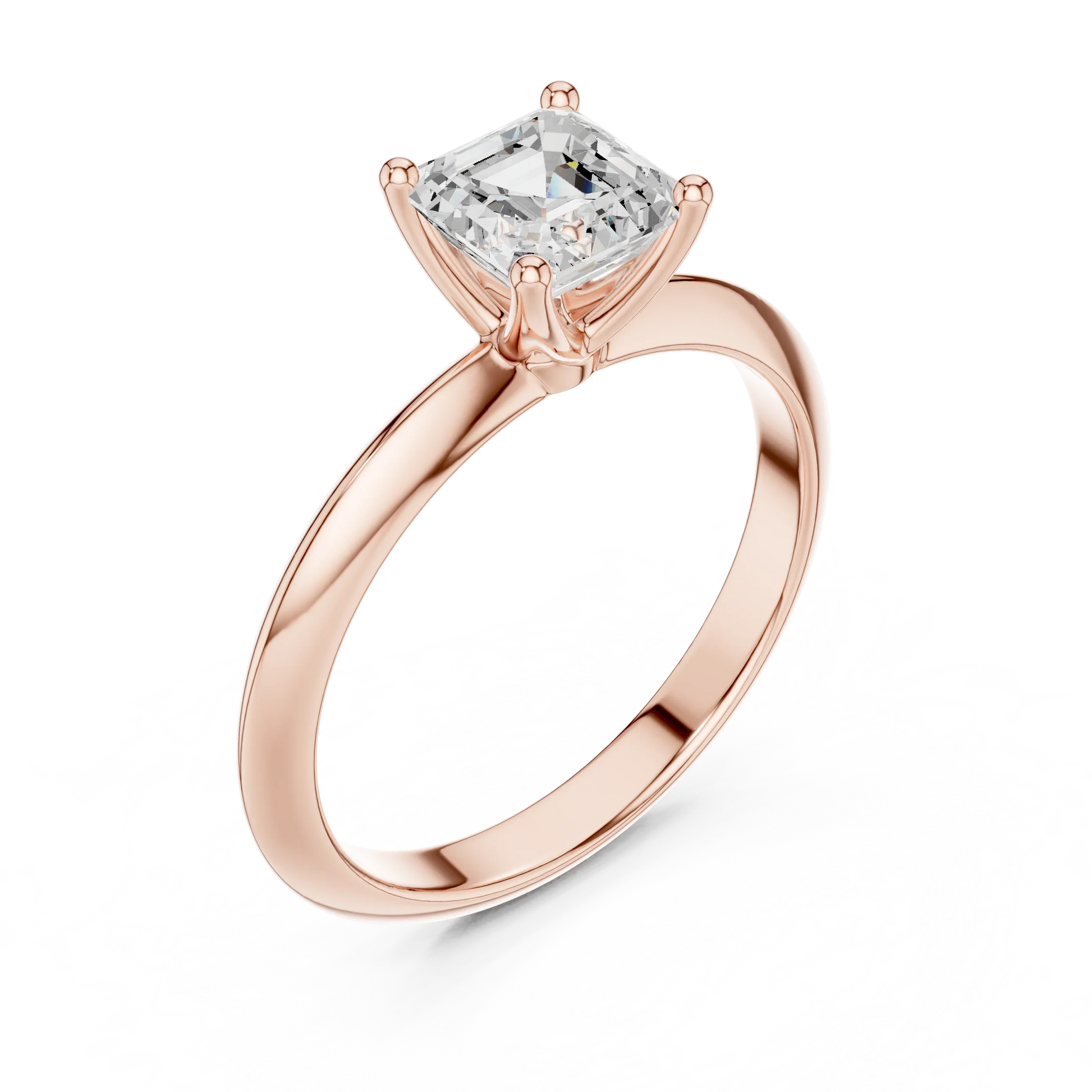 Front view of rose gold Asscher cut diamond solitaire ring, showcasing gemstone brilliance.