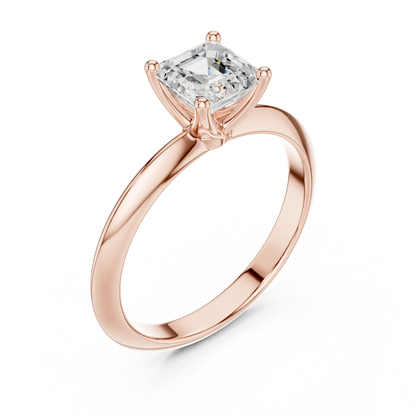 Front view of rose gold Asscher cut diamond solitaire ring, showcasing gemstone brilliance.
