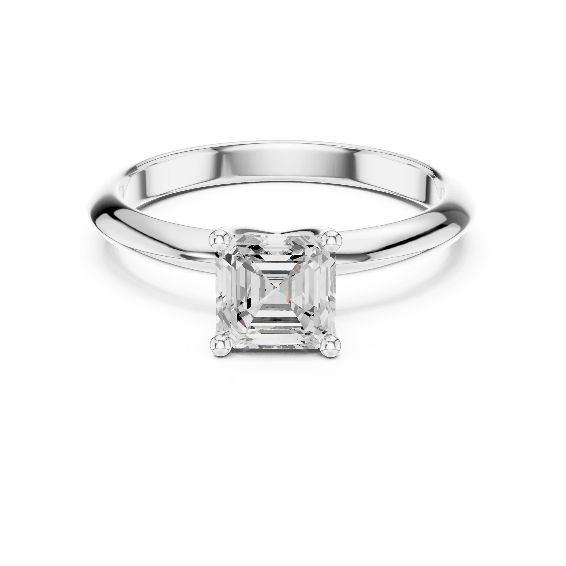 Lab-grown Asscher cut diamond solitaire ring in white gold, elegant top view.