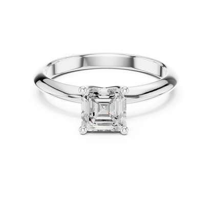 Lab-grown Asscher cut diamond solitaire ring in white gold, elegant top view.