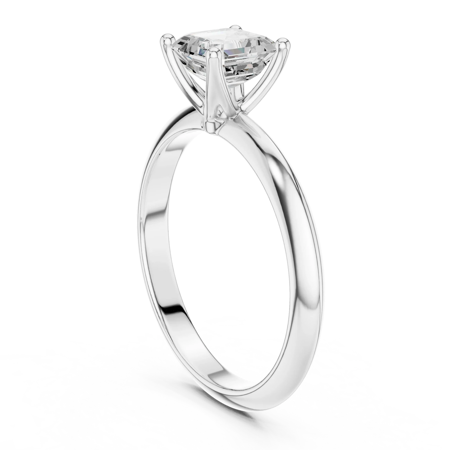 Back side view of white gold Asscher diamond solitaire ring, showing band and setting