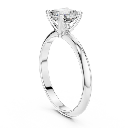 Back side view of white gold Asscher diamond solitaire ring, showing band and setting