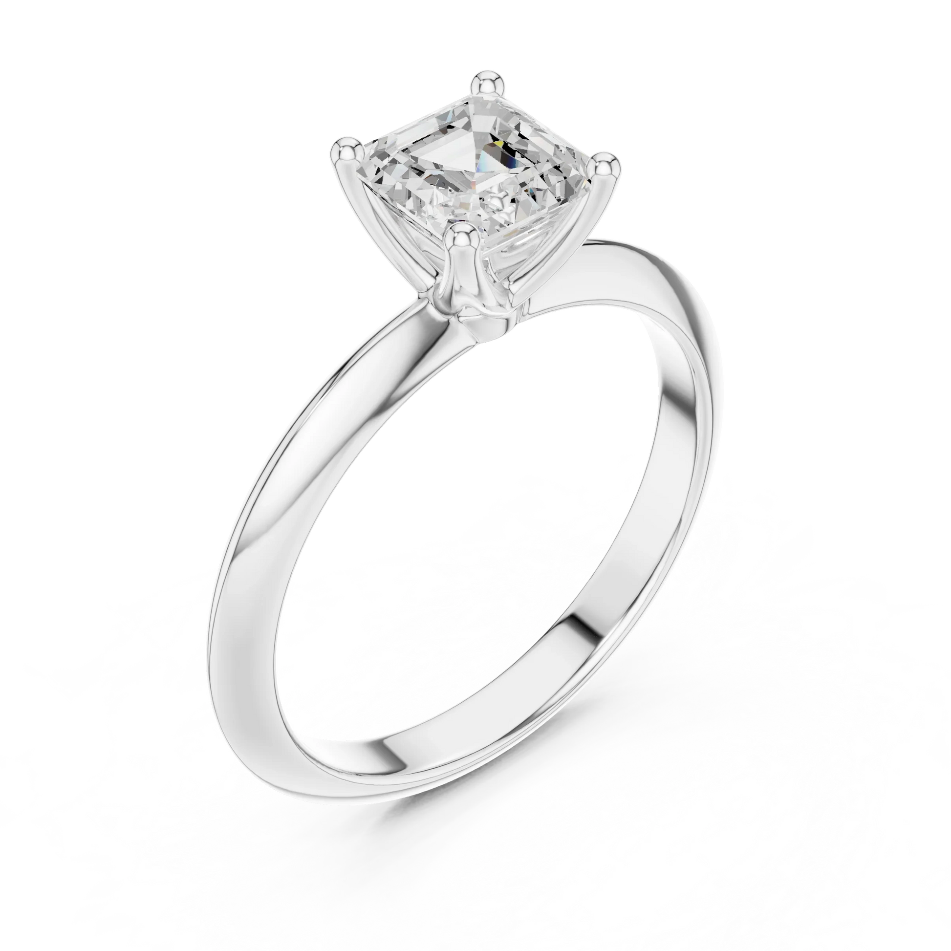 Front view of white gold Asscher cut diamond solitaire ring, showcasing center stone